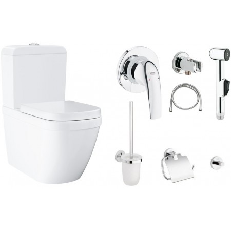 Напольный унитаз Grohe Euro: бачок 39332000 + чаша 39338000 + сиденье с крышкой пневмо 39330001 + смеситель для гигиенического душа Grohe BauCurve 123072 + набор аксессуаров Grohe Essentials 40407001
